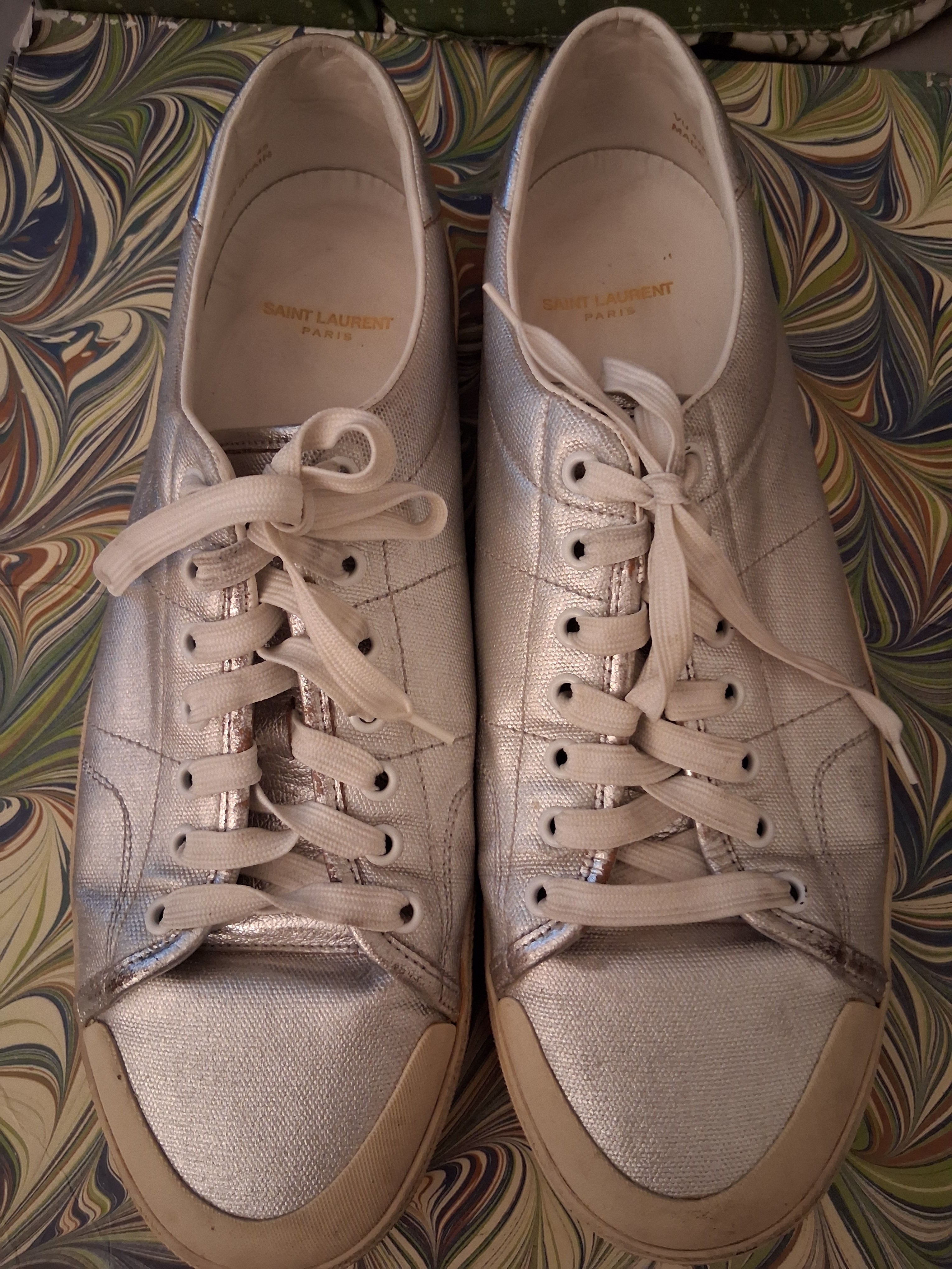Saint Laurent Silver Metallic Low-Top Court Sneakers Euc Sz 12